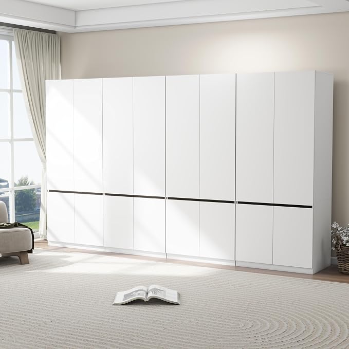 Bedroom Armoire Wardrobe Closet with 8 Doors: 75" White Wardrobe Cabinet for Clothes, Wooden Closet with Hanging Rod, Modern Armoire with Shelves (4)