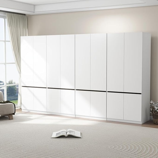 Bedroom Armoire Wardrobe Closet with 8 Doors: 75" White Wardrobe Cabinet for Clothes, Wooden Closet with Hanging Rod, Modern Armoire with Shelves (4)