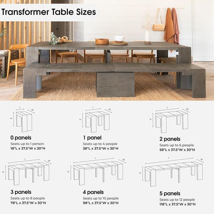 Transformer Table - Solid Wood Extendable Dining Table, Seats 2-12, Expandable Dining Room Table, Space-Saving Furniture, Kitchen and Dining Room Furniture (Dark Grey, Table + 2 Benches)