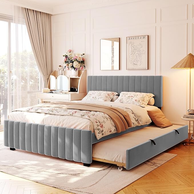 Ball & Cast Queen Bed Frame with Twin XL Size Trundle,Velvet Upholstered Platform Bed Frame Queen Size with Channel Tufted Headboard,Wood Slats Support,No Box Spring Needed,Easy Assembly,Gray