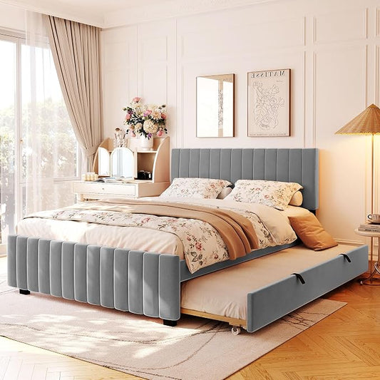Ball & Cast Queen Bed Frame with Twin XL Size Trundle,Velvet Upholstered Platform Bed Frame Queen Size with Channel Tufted Headboard,Wood Slats Support,No Box Spring Needed,Easy Assembly,Gray