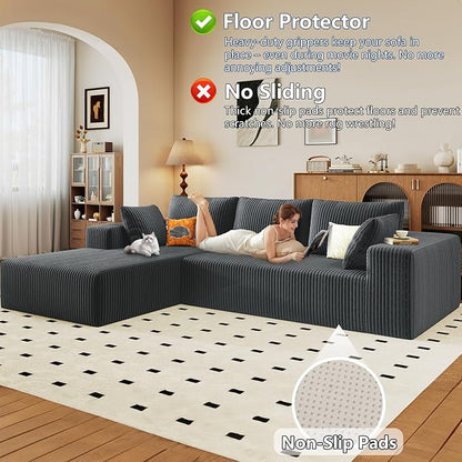 96" Modular Sectional Sofa, Modern Corduroy Cloud Couch with Deep Seat, Boneless Couch Upholstered 3-Seater L-Shaped Sofa for Living Room, No Assembly Required (Dark Grey, Left-Facing Chaise)