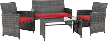 4 Piece Patio Ratten Set Outdoor Furniture Set Wicker Conversation Set with Cushions and Tempered Glass Tabletop,Red