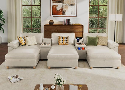 SITJOY Large Cloud Couch, 146" Wide 3 Seater Sofa Bed with Console, White | Pet-Friendly Scratch-Resistant Leather Sectional Sofas for Living Room, Deep Seat Wide Couch with Chaise, Storage Ottoman