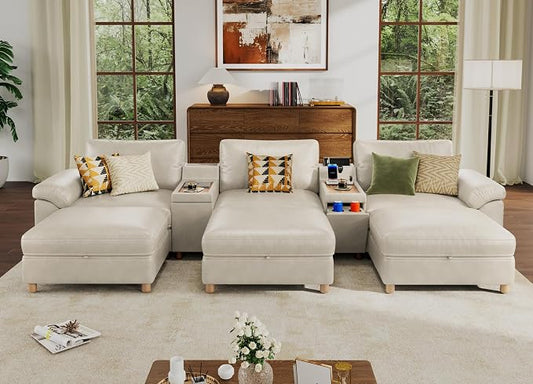 SITJOY Large Cloud Couch, 146" Wide 3 Seater Sofa Bed with Console, White | Pet-Friendly Scratch-Resistant Leather Sectional Sofas for Living Room, Deep Seat Wide Couch with Chaise, Storage Ottoman