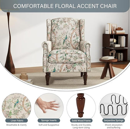 High Back Accent Chair, Fabric Upholstered Armchair for Living Room, Floral Wingback Chair with Retro Solid Wood Legs, Nailhead Trim Single Sofa Bedroom Reading Seat - Bird