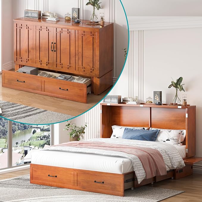BALUS Queen Murphy Bed with Mattress Included, Cabinet Bed with Mattress & Built-in USB Ports & 2 Storage Drawers, Space-Saving Modern Murphy Beds Cabinet Guest Beds for Office -Cherry