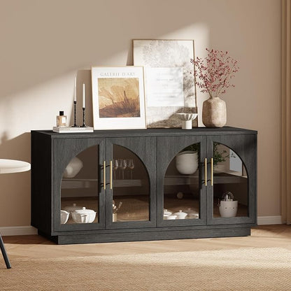 Arden Collection 3-Piece Display & Storage Cabinet Set, Arched Glass Door Sideboard and Tall Pantry Cabinets with LED Lighting, Wine Storage and Charging Station for Dining Room, Coffee Bar,Black Grey