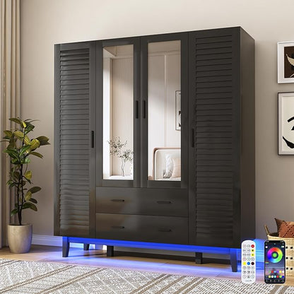 jiteentarou 4 Door Armoire Wardrobe Closet Cabinet with Drawers and LED Lights, Multi-Tier Shelves, Hanging Rod & Louver Doors, Large Capacity Storage Wardrobe Armoire for Bedroom(4 Doors Black)