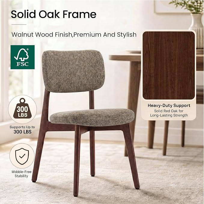COLAMY Dining Chairs Set of 6, Modern Upholstered Kitchen Room Chairs with Solid Red Oak Wood Legs, 5-Min Easy Assembly Anti-Wobble, High-Weight Fabric Farmhouse Side Chair, 300lbs,Walnut,Brown
