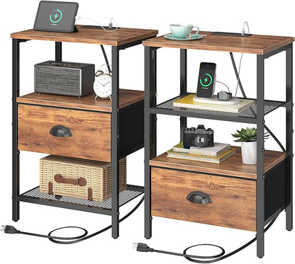 sthmec Nightstands Set of 2, Night Stands with Charging Station and Fabric Drawer, Bedside Tables with Drawers, 2- Tier Side Table with Open Shelf, Nightstands with Charging Station,Rustic Brown