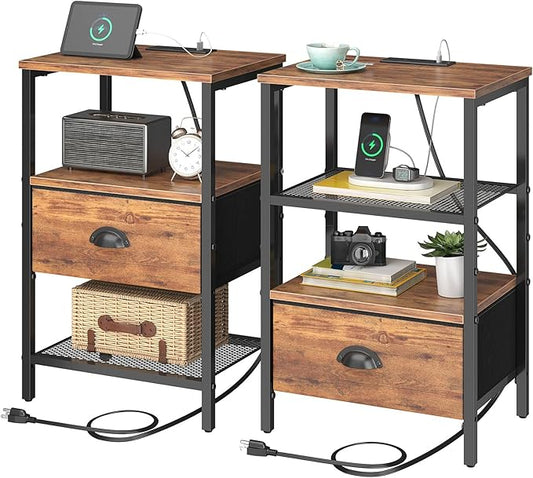 sthmec Nightstands Set of 2, Night Stands with Charging Station and Fabric Drawer, Bedside Tables with Drawers, 2- Tier Side Table with Open Shelf, Nightstands with Charging Station,Rustic Brown
