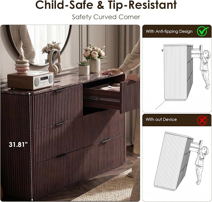 Dresser for Bedroom with 7 Drawers, 54"W Chest of Drawers, Fluted Dresser with Faux Marble Top, Curved Profile Design, Metal Handle, Wood Closet Storage Organizer for Living Room, Hallway, Dark Oak