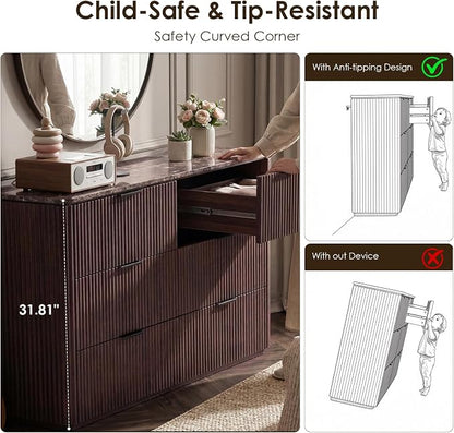 Dresser for Bedroom with 7 Drawers, 54"W Chest of Drawers, Fluted Dresser with Faux Marble Top, Curved Profile Design, Metal Handle, Wood Closet Storage Organizer for Living Room, Hallway, Dark Oak