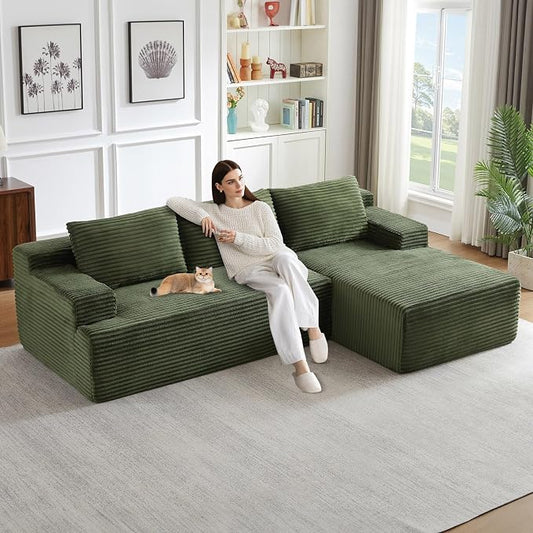 96" Modular Sectional Sofa, Modern Corduroy Cloud Couch, Boneless Couch Upholstered 3-Seater L-Shaped Sofa for Living Room, No Assembly Required (Green, Right-Facing Chaise)