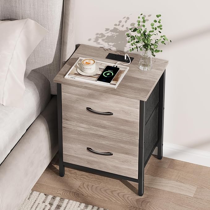 Vagusicc Nightstand with Charging Station, Bedside Table with USB Ports and Outlet, End Table Side Table with 2 Fabric Drawers for Bedroom, Living Room, Greige