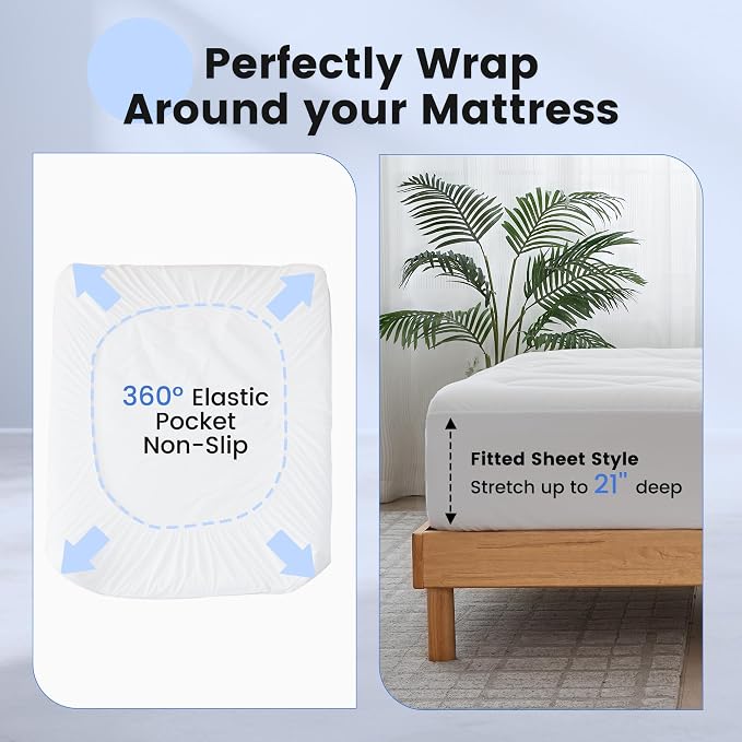 Waterproof Mattress Pad Twin XL, Quilted Fitted Twin XL Mattress Topper for College Dorm, Five-Layers Noiseless Mattress Protector Cover with 8"-21" Deep Pocket, White, 39x80