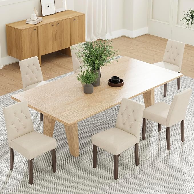Upholstered Dining Chairs Set of 6, Modern Fabric Dining Chairs with Tufted Design, Kitchen Side Chairs, Farmhouse Dinner Chair with Wood Legs for Kitchen Restaurant Living Room, Beige