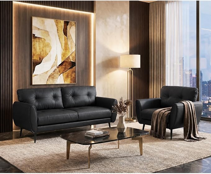 TYBOATLE Sofa Couch 61" Small Loveseat Couches for Living Room Leather Couch Mid Century Modern Tufted Mini Sofa Comfy Office 2 Seat Settee Love Seat for Small Spaces Bedroom (2, Black)