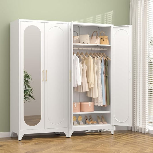 Polup Metal Armoire Wardrobe Closet with Mirror, 71" Tall Steel Clothing Storage Cabinet with Doors, Hanging Rod and Adjustable Shelves, Freestanding Clothes Organizer for Bedroom, Office, White
