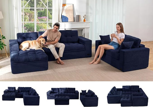 MAXYOYO Modular Sectional Sofa with Ottoman and Loveseat, Cloud Boneless Couch with Layered Cushion, Flexible Module Combination Sofa for Living Room, No Assembly Required,Navy