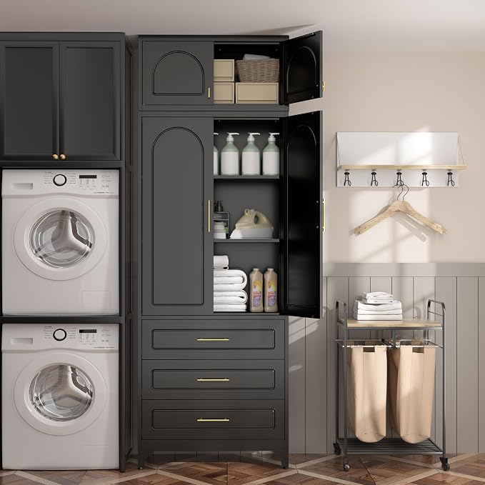 SteeLoong Kitchen Pantry Cabinet，90" Storage Cabinets with Doors and Shelves,Metal Pantry Cabinet with 3 Drawers,Black Kitchen Cupboard for Livingroom,Pantry, Bathroom