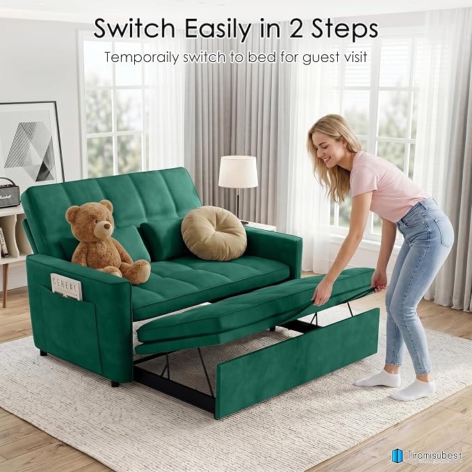 54'' Sleeper Sofa Bed, Convertible Pull Out Couch Futon for for Living Room,Apartment (Green, Loveseat) Side Pockets, Velvet Fabric, Adjustable Backrest, Pull-Out Bed, Easy Assembly