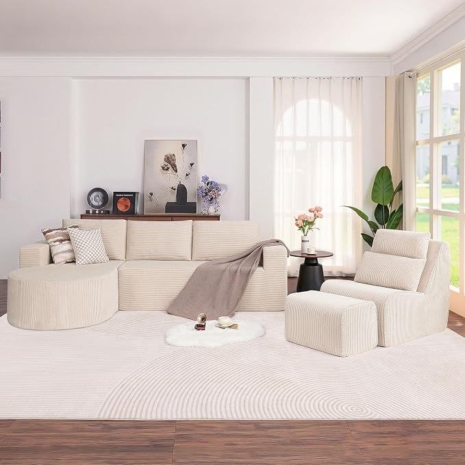 104.92" L-Shaped Corduroy 3 Piece Sofa Set with Single Lounge Chair & Ottoman, Modular Compressed All Foam Couch, Freely Movable Footrest, Minimalist Large Living Room Furniture