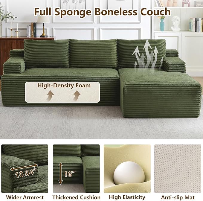 96.1" Modular Sectional Sofa Couches L-Shape Couch 3 Seat Modular Sofa Corduroy Memory Foam Sectional Boneless Couches for Living Room, Cloud Couch with Oversized Chaise(Green, Right Facing)