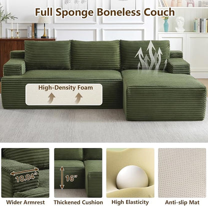 96.1" Modular Sectional Sofa Couches L-Shape Couch 3 Seat Modular Sofa Corduroy Memory Foam Sectional Boneless Couches for Living Room, Cloud Couch with Oversized Chaise(Green, Right Facing)