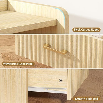 Night Stand with Charger Station - Modern Wood Nightstand with Drawer Storage, Fluted Wide Nightstands Bedside Table, Mid Century Night Stands for Bedroom Home Office Sofa, Natural