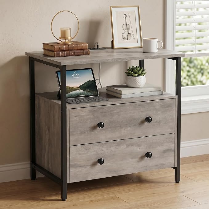 Edbuosy 27 inch Wide Night Stand with Charging Station, Bedside Table with Open Shelf, 2 Drawers Small Wood Dresser, Modern Wood Nightstand for Bedroom/Living Room, Rustic Gray