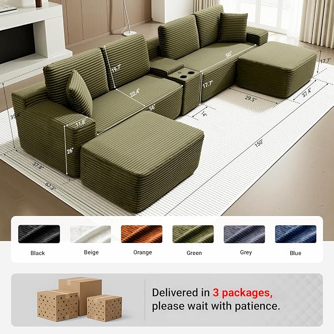 ivoros 150 Inch Modular Sectional Sofa Couch, Oversized Modern Cloud Couch for Living Room, U Shape Couches with 2 Ottomans, USB Ports and Cup Holders, Green Corduroy Boneless Sofas, Sofa in a Box