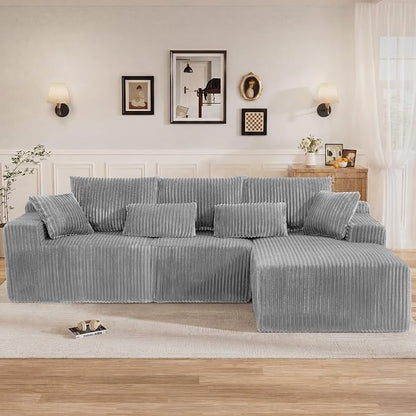 110" L Shaped Cloud Boneless Sectional Couches for Living Room, Modern Comfy Modular Deep Seat Memory Foam Compressed Corduroy Sofa Oversized Right Facing Chaise, No Assembly Required, Grey