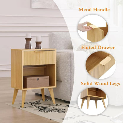 YAUKOMEL Fluted Night Stand with Opening Storage,Mid Century Bedside Table with Drawer,Wood Nightstand with Solid Wood Legs,End Table Side Table for Living Room,Bedroom,Natural CTG56Y