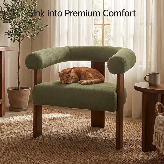 VKNOW Accent Chairs Set of 2, Living Room Chairs with Walnut Legs, Green | Mohair-type Fabric, Barrel Back, Armrests, For Adults and Family, Living Room, Bedroom, Vanity, No Wobble, Easy Assembly