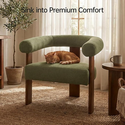 VKNOW Accent Chairs Set of 2, Living Room Chairs with Walnut Legs, Green | Mohair-type Fabric, Barrel Back, Armrests, For Adults and Family, Living Room, Bedroom, Vanity, No Wobble, Easy Assembly