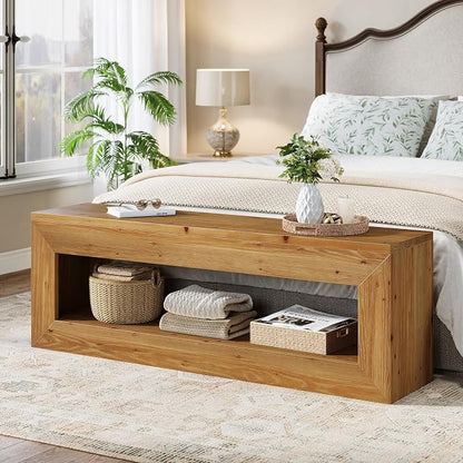 Solid Wood Entryway Bench, 47" Rustic Farmhouse Indoor Bench Seat with Storage Shelf for Entrance, Hallway, End of Bed (Light Brown)