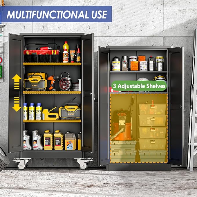 61" Metal Garage Storage Cabinet with Wheels and Locking Doors and Tall Rolling Steel Tool Cabinet with 3 Adjustable Shelves for Garage,Home,Office,Shop (Black, 61''H x 28''W x14''D)