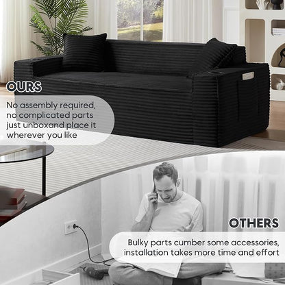 Boneless Sectional Sofa Couch with Cup Holders & Side Pockets, Modern Corduroy Fabric Deep Seat Loveseat Cloud Couch for Living Room Office, No Assembly (Black)