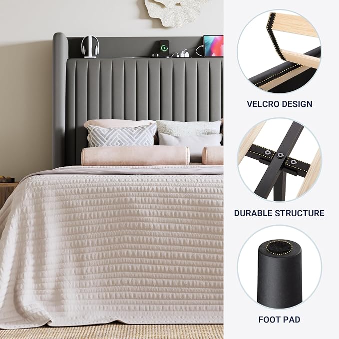 Allewie Full Size Platform Bed Frame with USB Charging Station and Storage Shelf/Upholstered Velvet Wingback Headboard/Wooden Slats Support/No Box Spring Needed/Easy Assembly, Grey