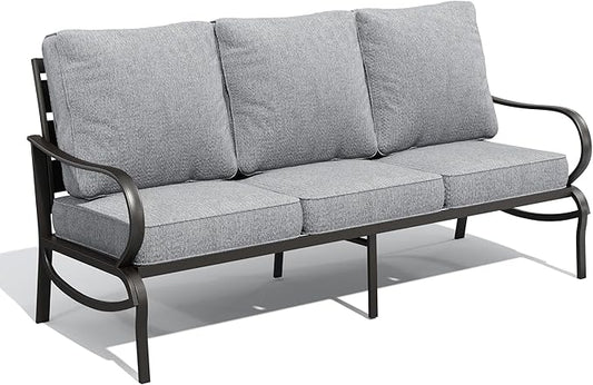 PHI VILLA Metal Patio Sofa with 5.75" Extra-Thick Waterproof Cushion, 3 Seater Deep Seat & High Back Outdoor Couch, All Weather Porch Furniture for Deck Backyard Front Porch Apartment,Gray