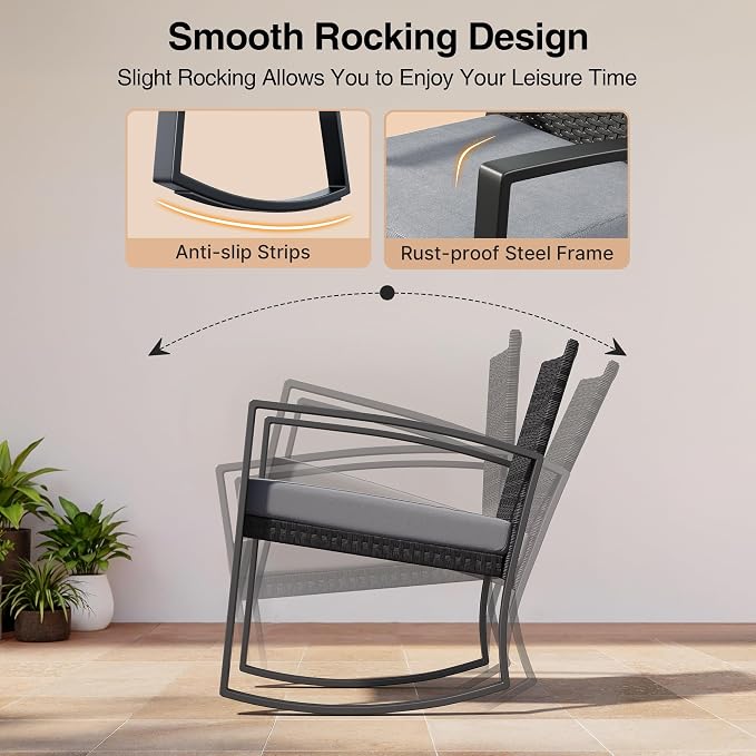 Qsun 3 Pieces Patio Furniture Set Rocking Bistro Set Outdoor Rattan Conversation with Coffee Table for Garden Balcony Backyard Poolside (Grey Cushion)