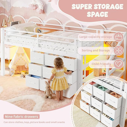 Bellemave Twin Size Low Loft Bed with 9 Fabric Storage Drawers for Kids,Metal Loft Bed Frame with Stairs and LED Lights for Boys Girls,Kids Loft Bed Twin Size,White