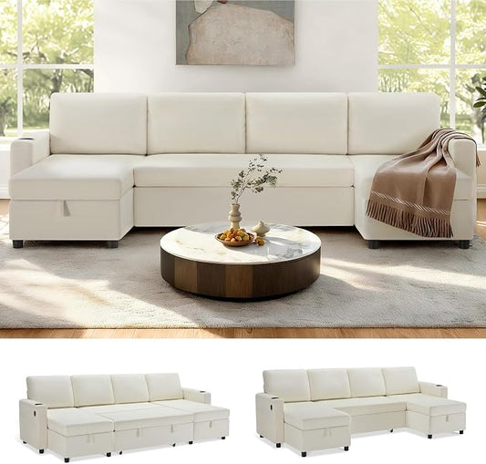 KISLOT 110 Inch Sectional Sleeper Sofa with Pull Out Bed Convertible Plush 2 in 1 Couch with Storage Chaise & USB Charging Comfy L Shaped Modular Couches for Living Room Apartment(3 Box)