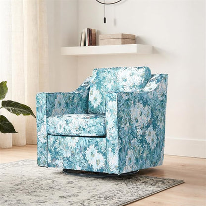 Swivel Accent Chair, Modern Round Barrel Arm Chair for Living Room, Bedroom, Comfy Club Reading Chairs for Adults (Cyan Blooms, Set of 1)