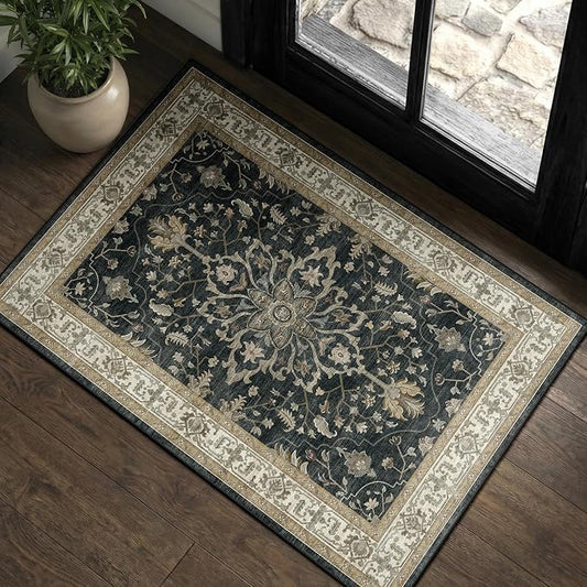 RELEANY Area Rugs Small 2'x3' Washable Non-Slip, Floral Vintage Distress Medallion Carpet for Kitchen Entryway Bathroom, Vintage Black Brown Neutral