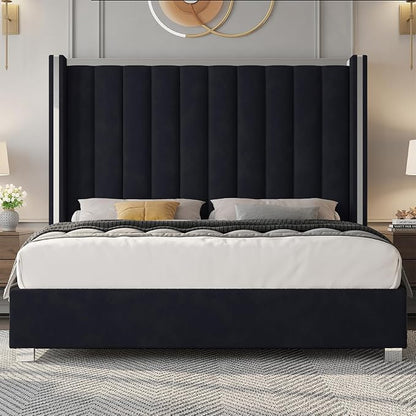 Jocisland Queen Size Bed Frame with 58" Tall Headboard, Velvet Upholstered Platform Bed with Channel Tufted Wingback Headboard and Plating Trim, No Box Spring Needed, Black
