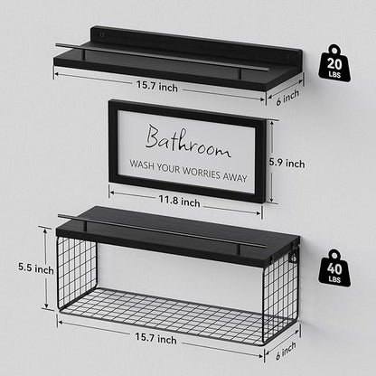 WOPITUES Floating Shelves for Wall Decor Sign, Bathroom Organizers and Storage, Bathroom Shelves Over Toilet with Metal Guardrail-Black
