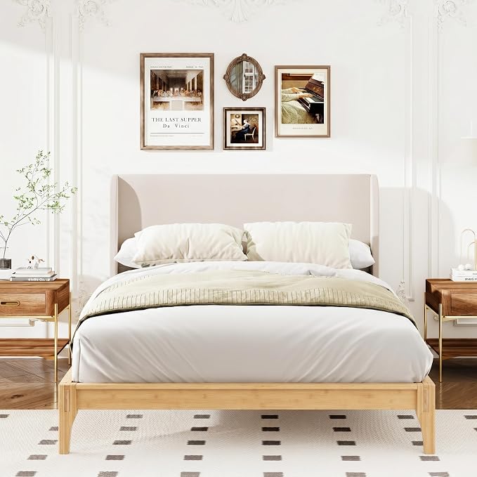 Merax Bamboo Wood 12 Inch Platform Bed with 48" Upholstered High Headboard | Queen Size Bed Frame with Wood Slat Support, No Box Spring Needed, Easy Tool-Free Assembly, Beige+ Natural